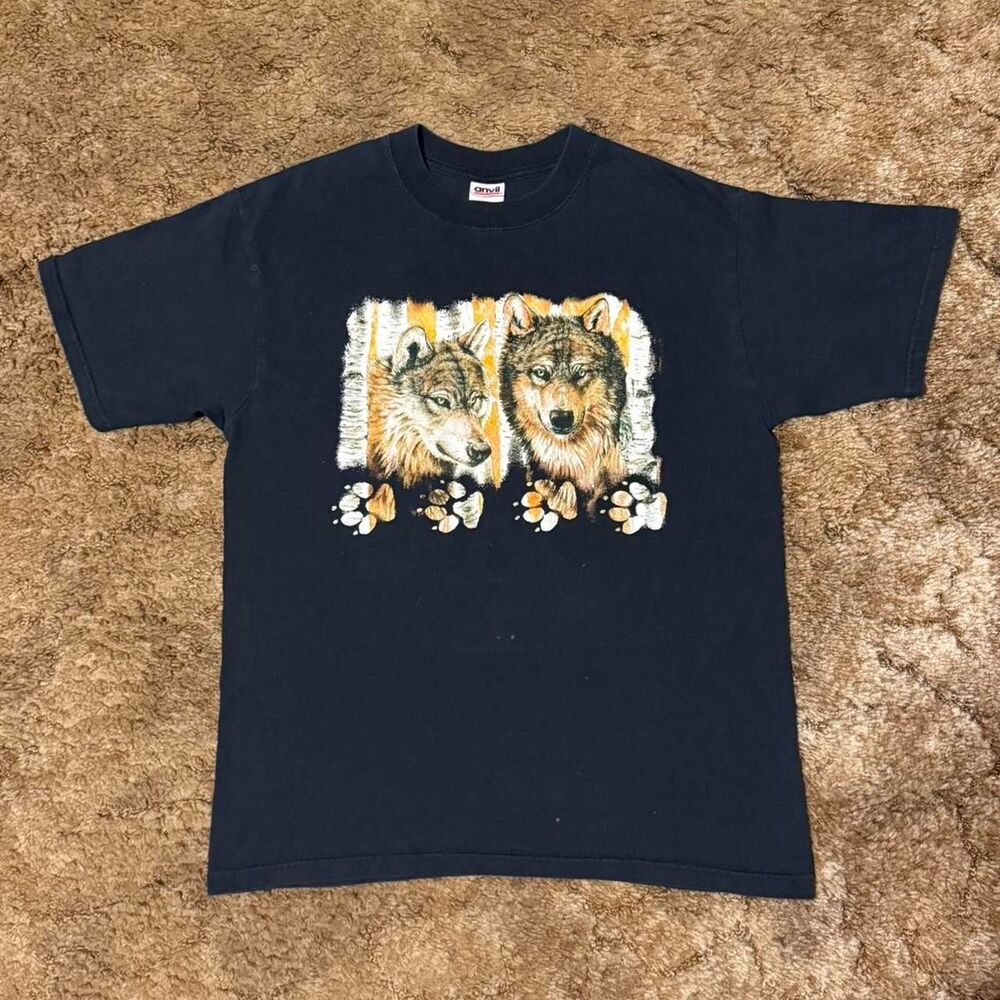 Vintage 90s Wolves T-Shirt Tee Black Medium